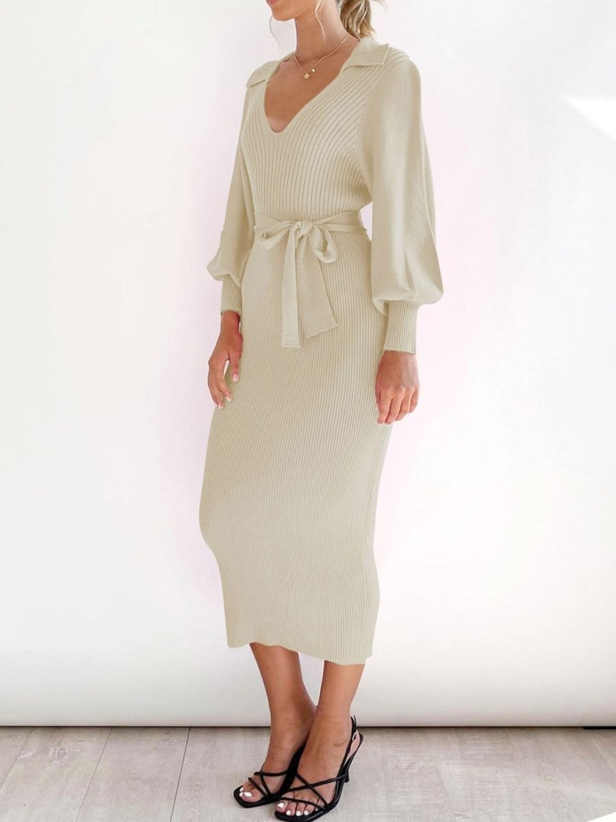 Perfee Tied Long Sleeve Wrap Sweater Dress - Sweater Dress