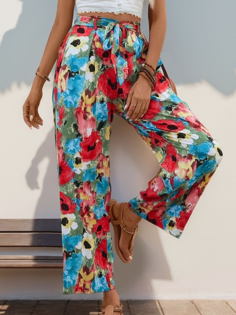 Perfee Tied Printed Wide Leg Pants - Bottoms