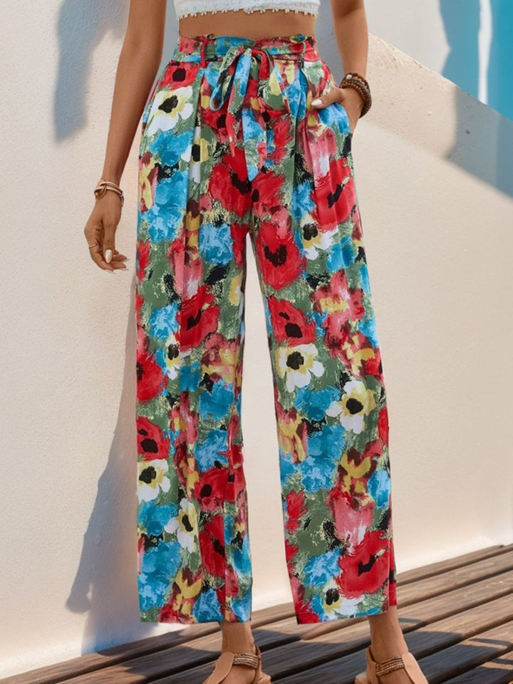 Perfee Tied Printed Wide Leg Pants - Bottoms