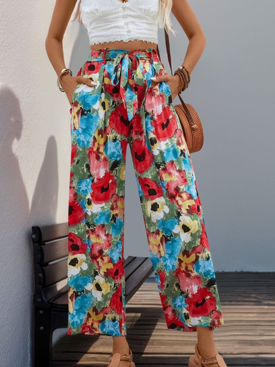 Perfee Tied Printed Wide Leg Pants - Bottoms