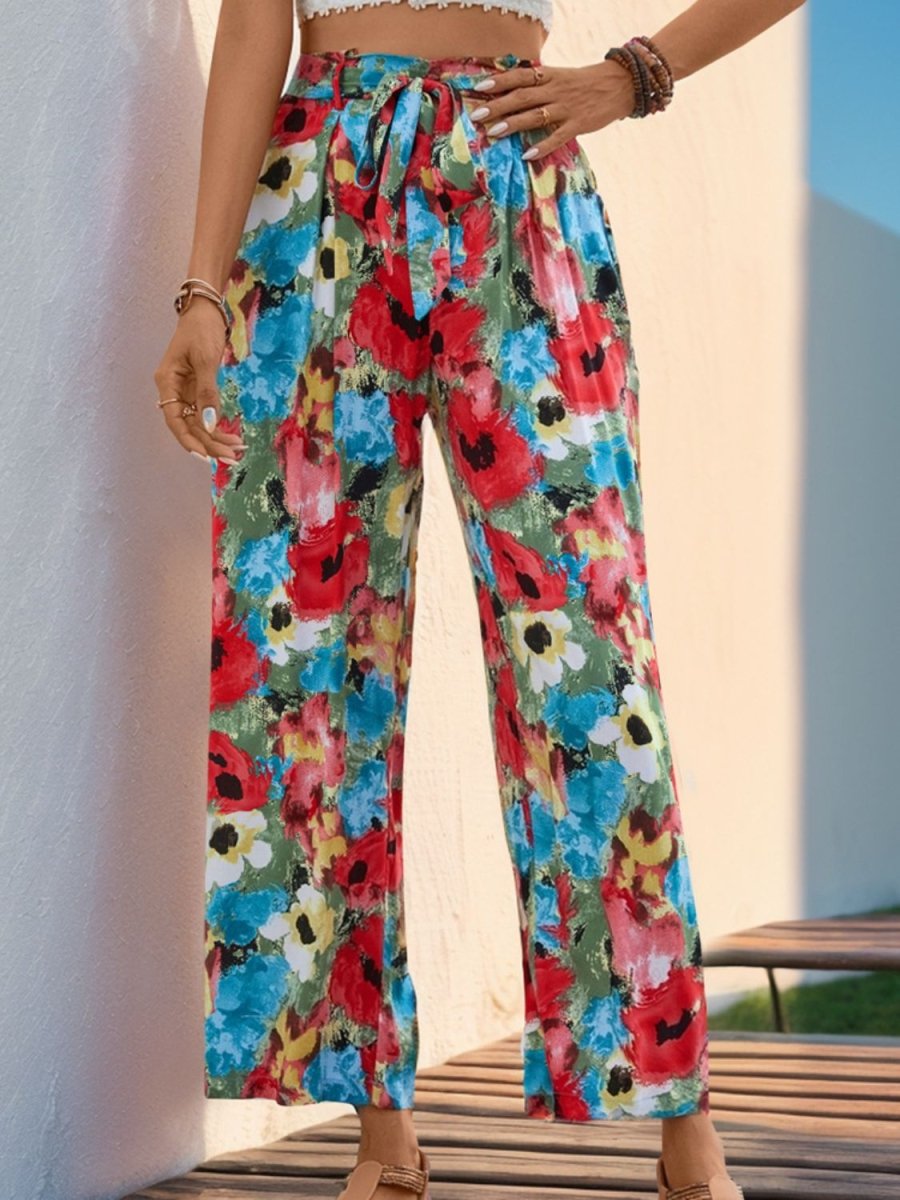 Perfee Tied Printed Wide Leg Pants - Bottoms