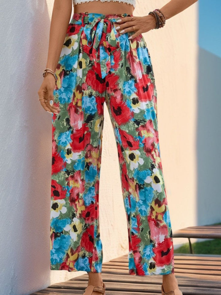 Perfee Tied Printed Wide Leg Pants - Bottoms