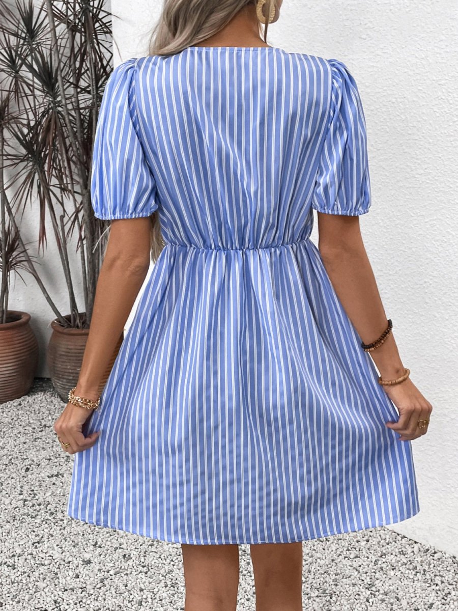 Perfee Tied Striped Short Sleeve Mini Dress - New Arrivals