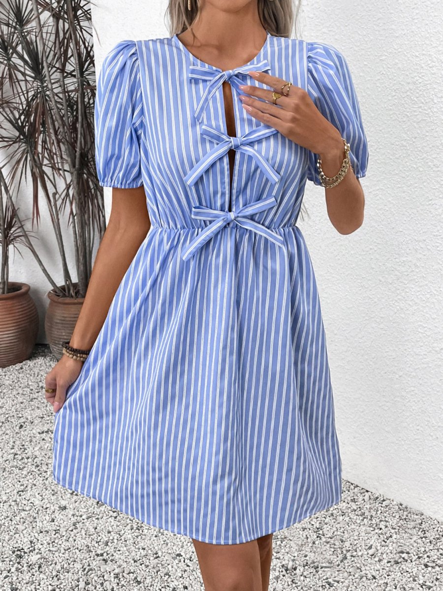 Perfee Tied Striped Short Sleeve Mini Dress - New Arrivals