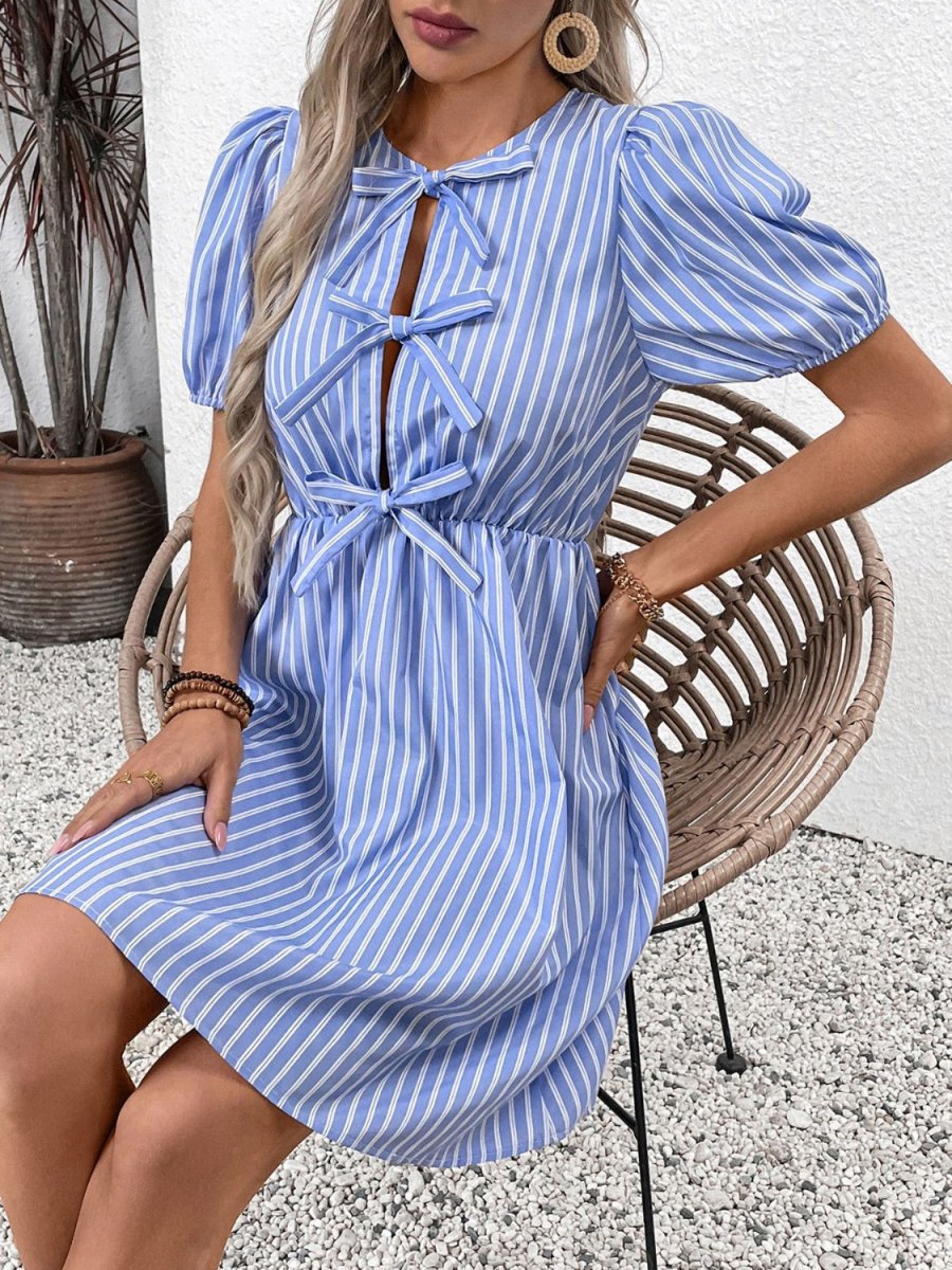 Perfee Tied Striped Short Sleeve Mini Dress - New Arrivals