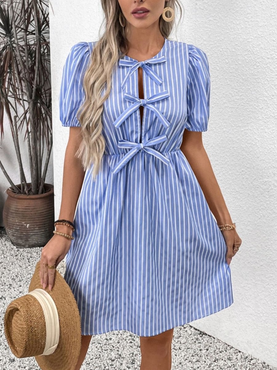Perfee Tied Striped Short Sleeve Mini Dress - New Arrivals