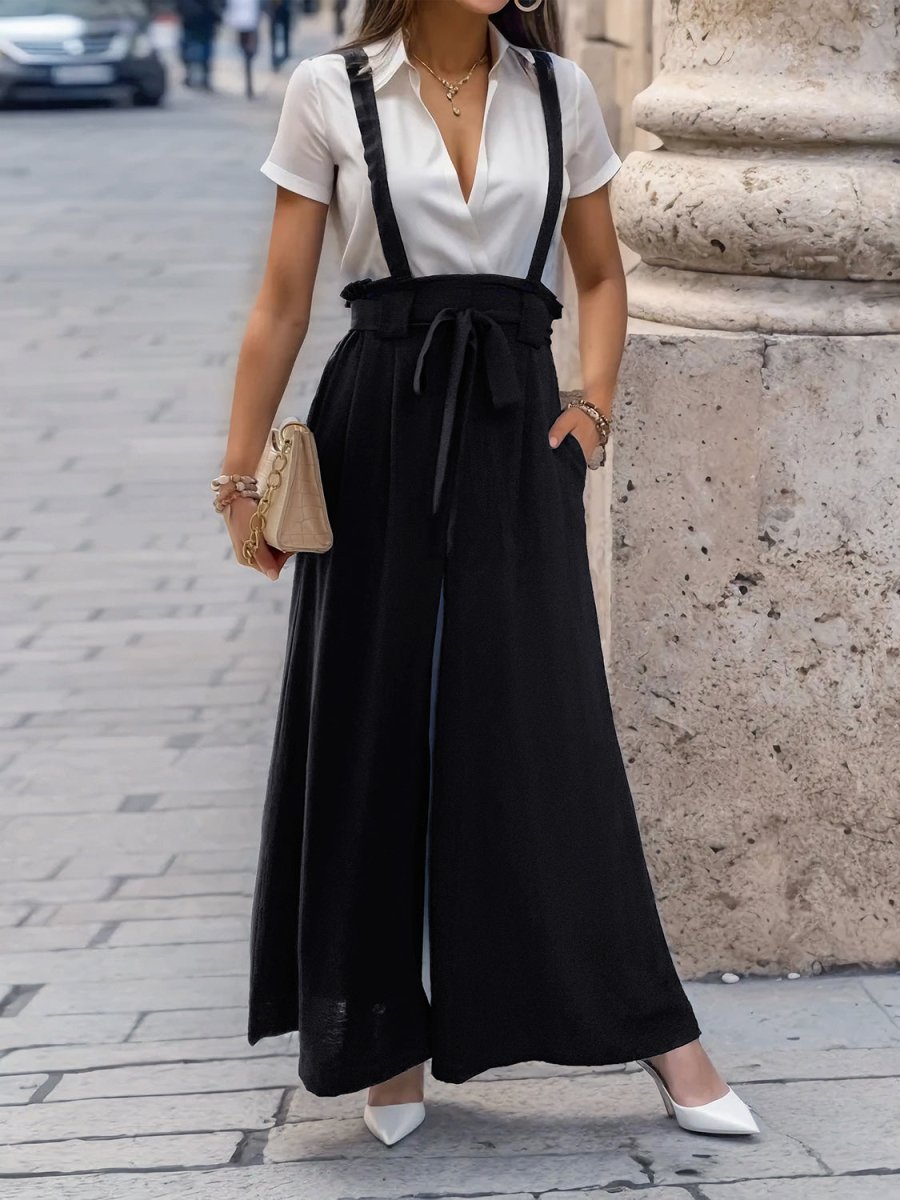 Perfee Tied Wide Leg Pants with Shoulder Straps - Bottoms