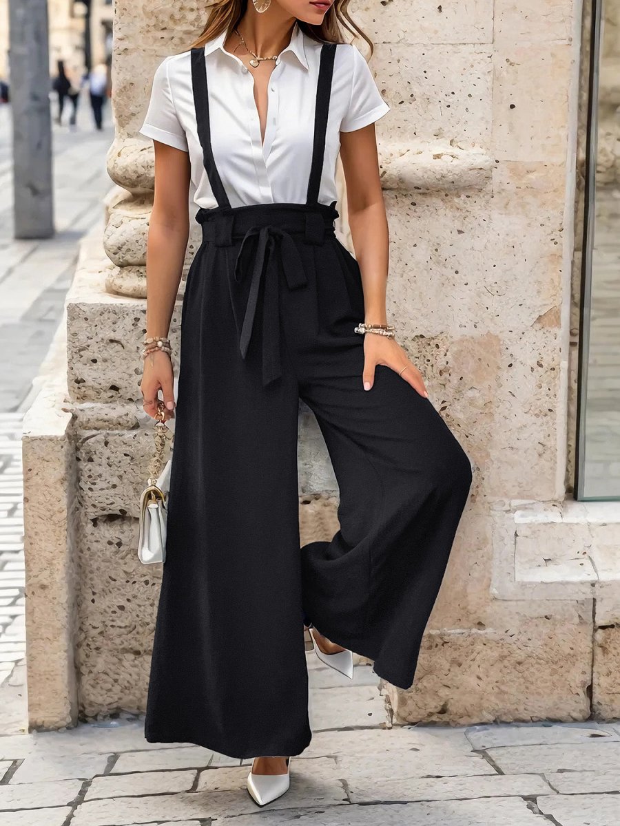 Perfee Tied Wide Leg Pants with Shoulder Straps - Bottoms