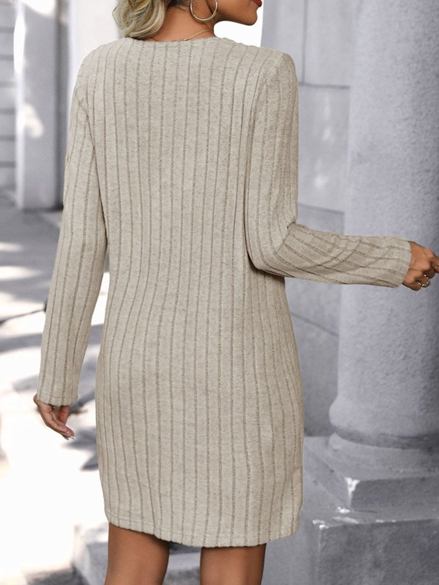 Perfee V - Neck Long Sleeve Knit Dress - Sweater Dress