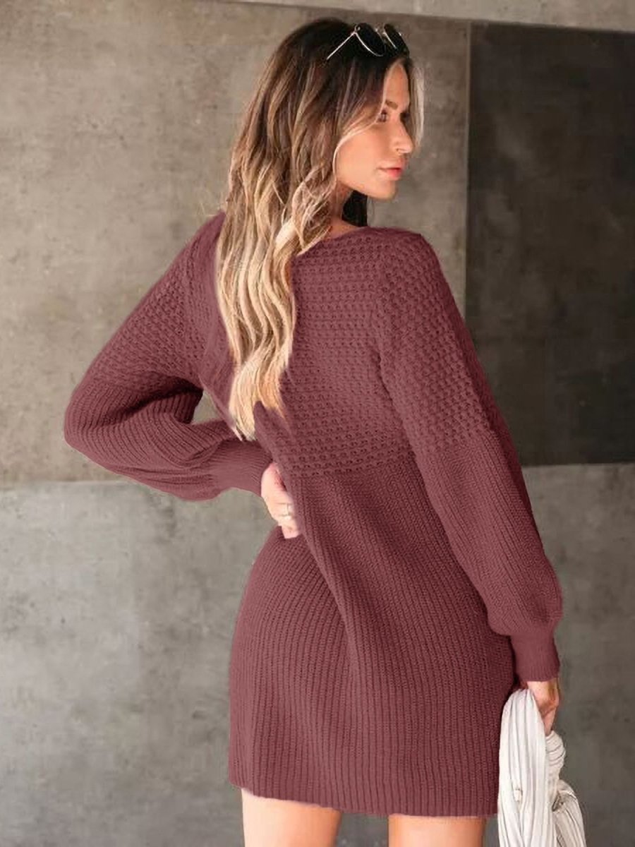 Perfee V - Neck Long Sleeve Sweater Dress - Sweater Dress