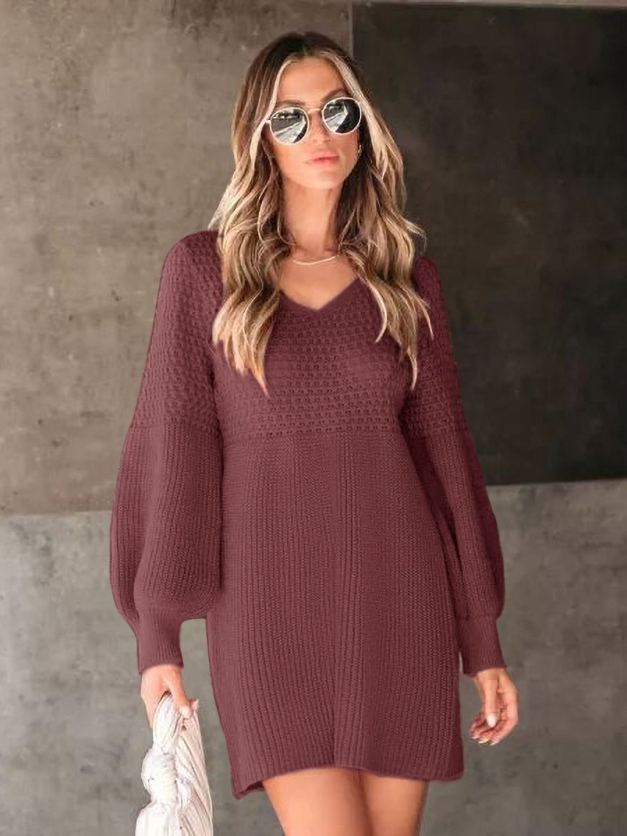 Perfee V - Neck Long Sleeve Sweater Dress - Sweater Dress