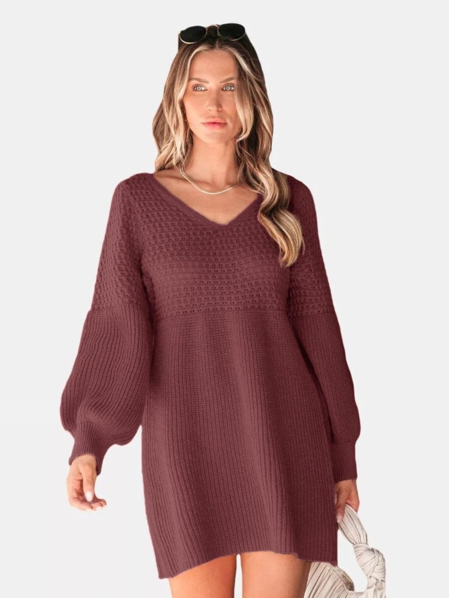 Perfee V - Neck Long Sleeve Sweater Dress - Sweater Dress