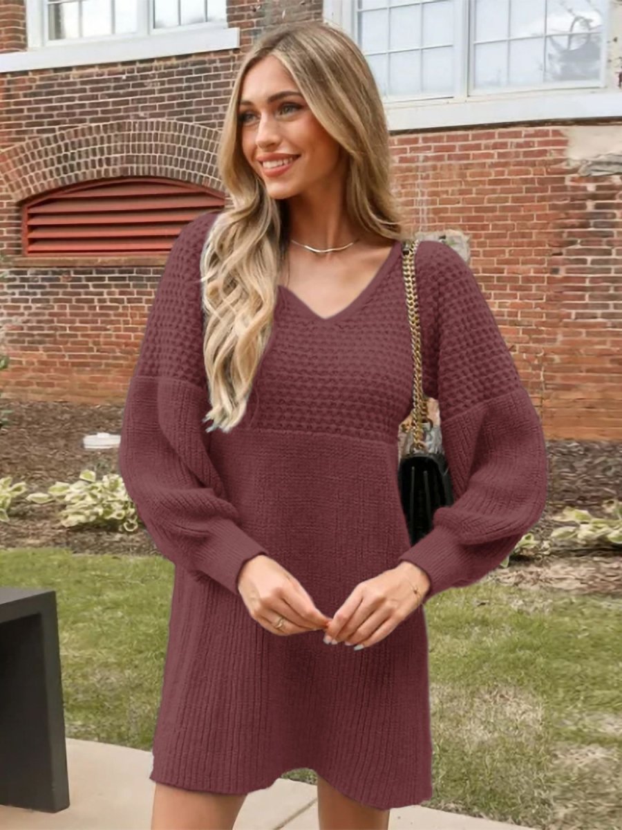 Perfee V - Neck Long Sleeve Sweater Dress - Sweater Dress