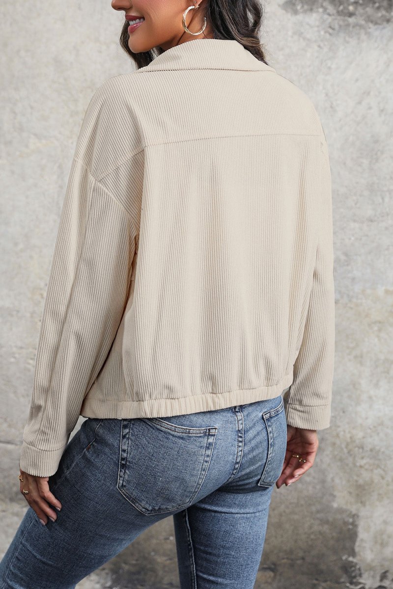 Perfee Zip Up Pocketed Collared Neck Dropped Shoulder Jacket - Outerwear