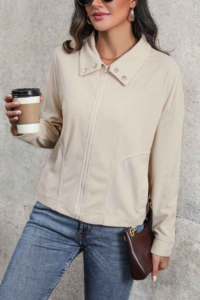 Perfee Zip Up Pocketed Collared Neck Dropped Shoulder Jacket - Outerwear