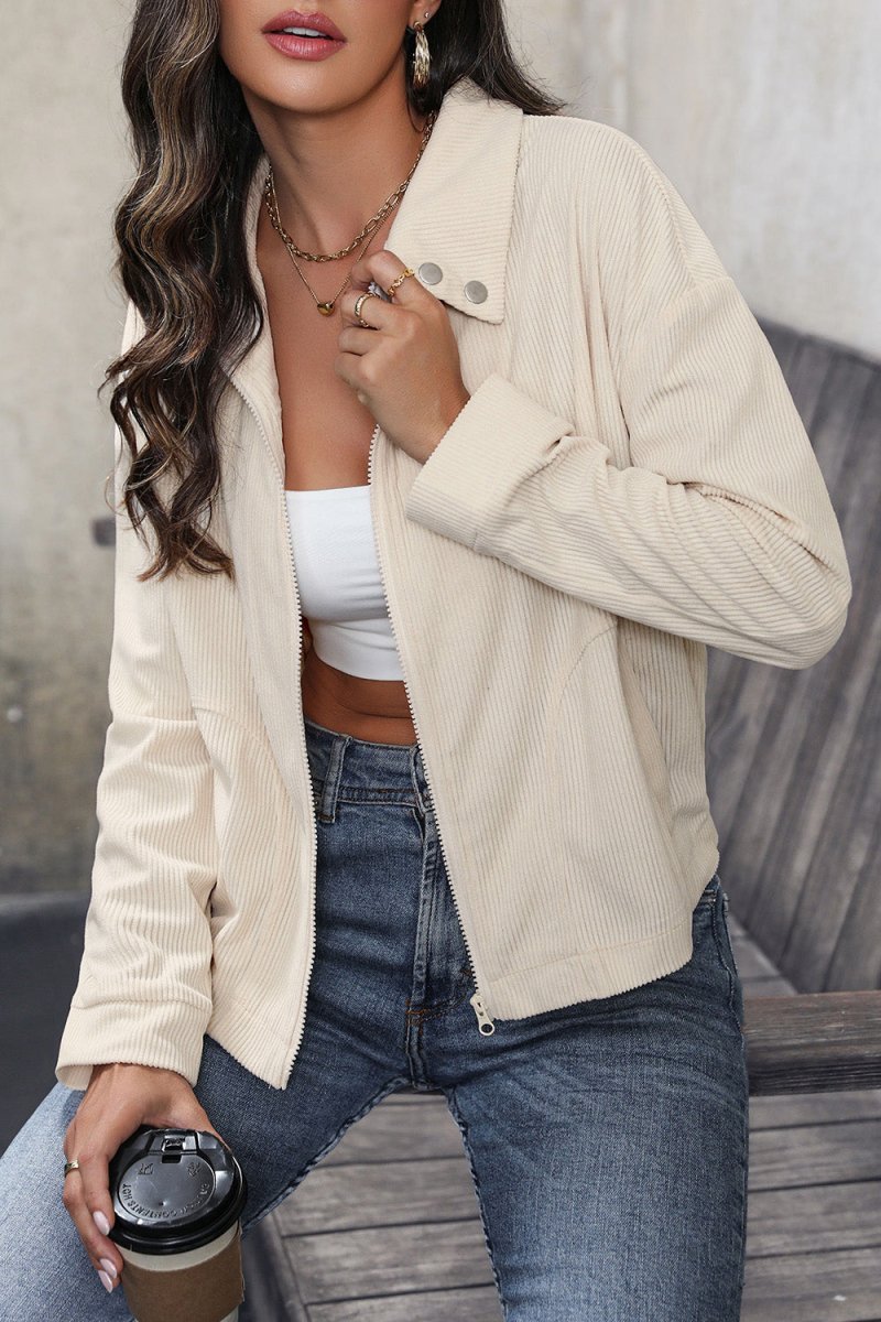 Perfee Zip Up Pocketed Collared Neck Dropped Shoulder Jacket - Outerwear