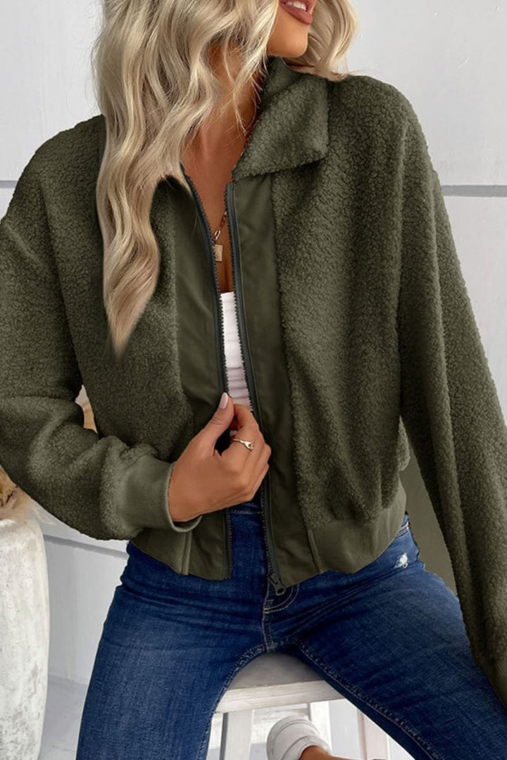 Perfee Zip - Up Sherpa Collared Neck Jacket with Pockets - Outerwear