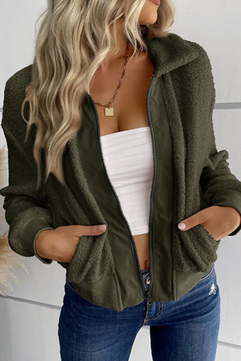 Perfee Zip - Up Sherpa Collared Neck Jacket with Pockets - Outerwear