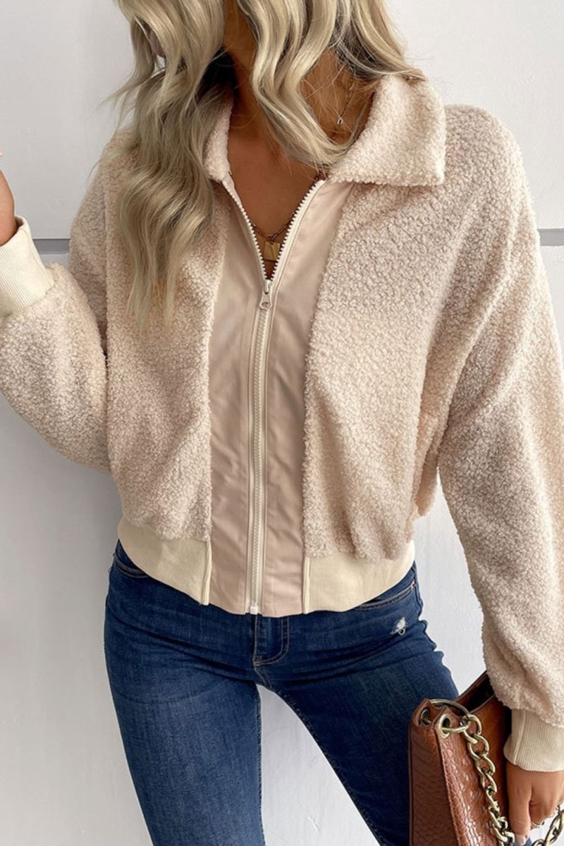 Perfee Zip - Up Sherpa Collared Neck Jacket with Pockets - Outerwear