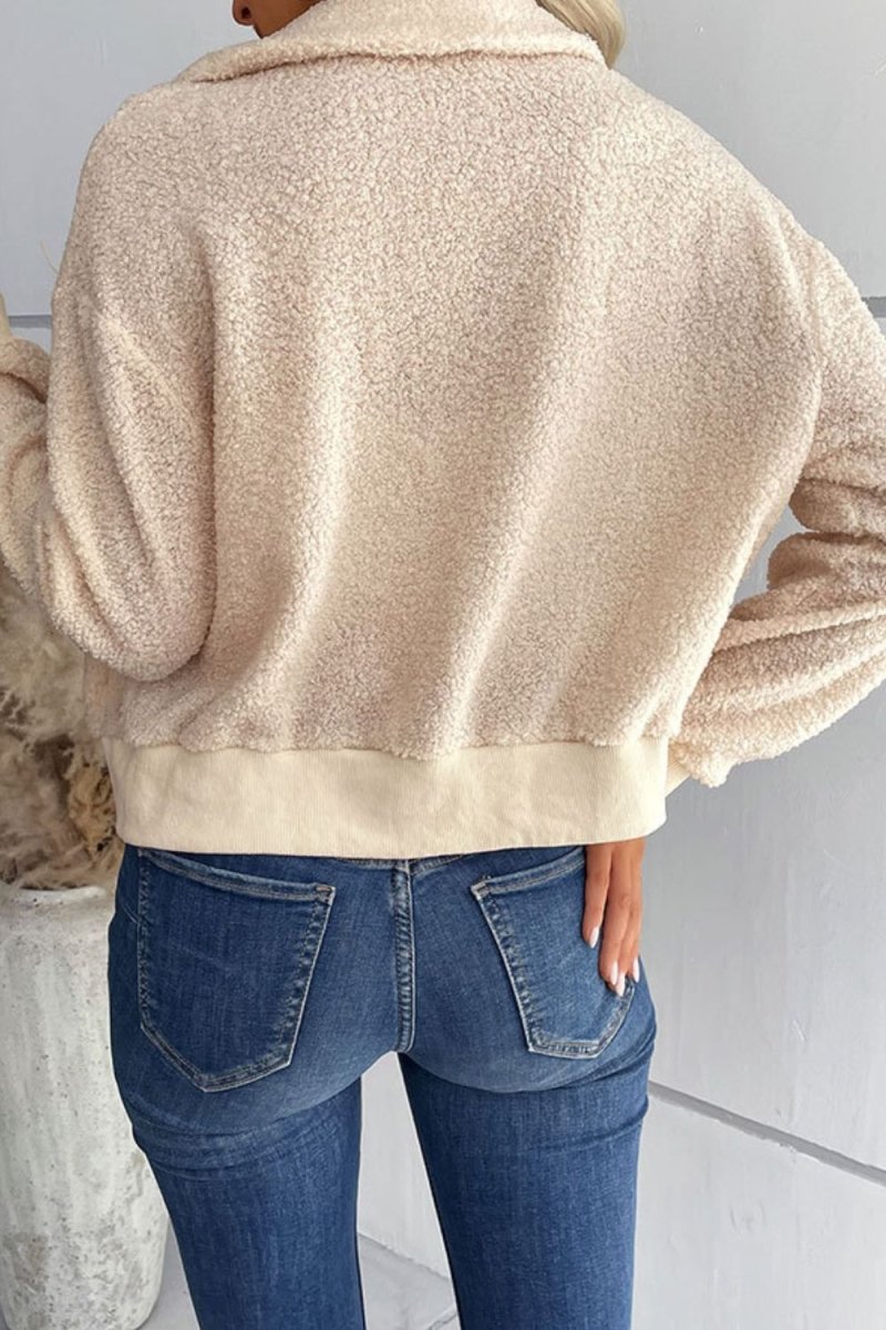 Perfee Zip - Up Sherpa Collared Neck Jacket with Pockets - Outerwear