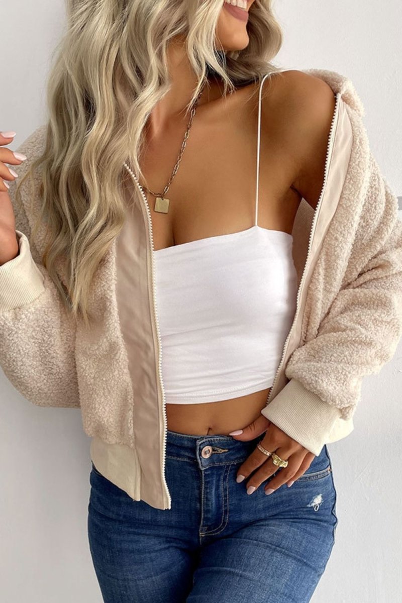 Perfee Zip - Up Sherpa Collared Neck Jacket with Pockets - Outerwear