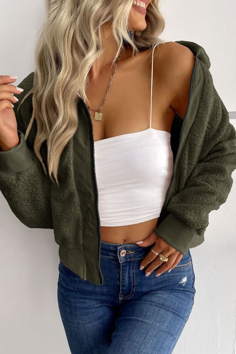 Perfee Zip - Up Sherpa Collared Neck Jacket with Pockets - Outerwear