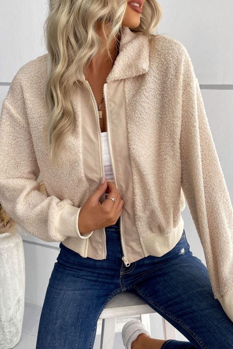 Perfee Zip - Up Sherpa Collared Neck Jacket with Pockets - Outerwear
