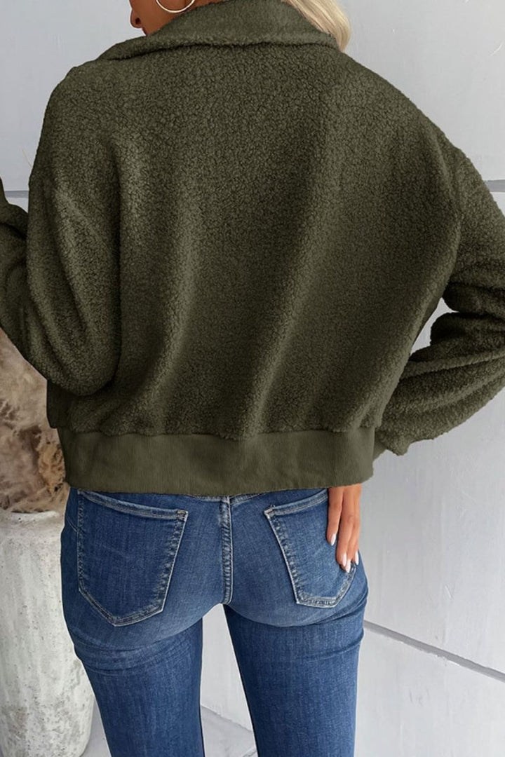 Perfee Zip - Up Sherpa Collared Neck Jacket with Pockets - Outerwear