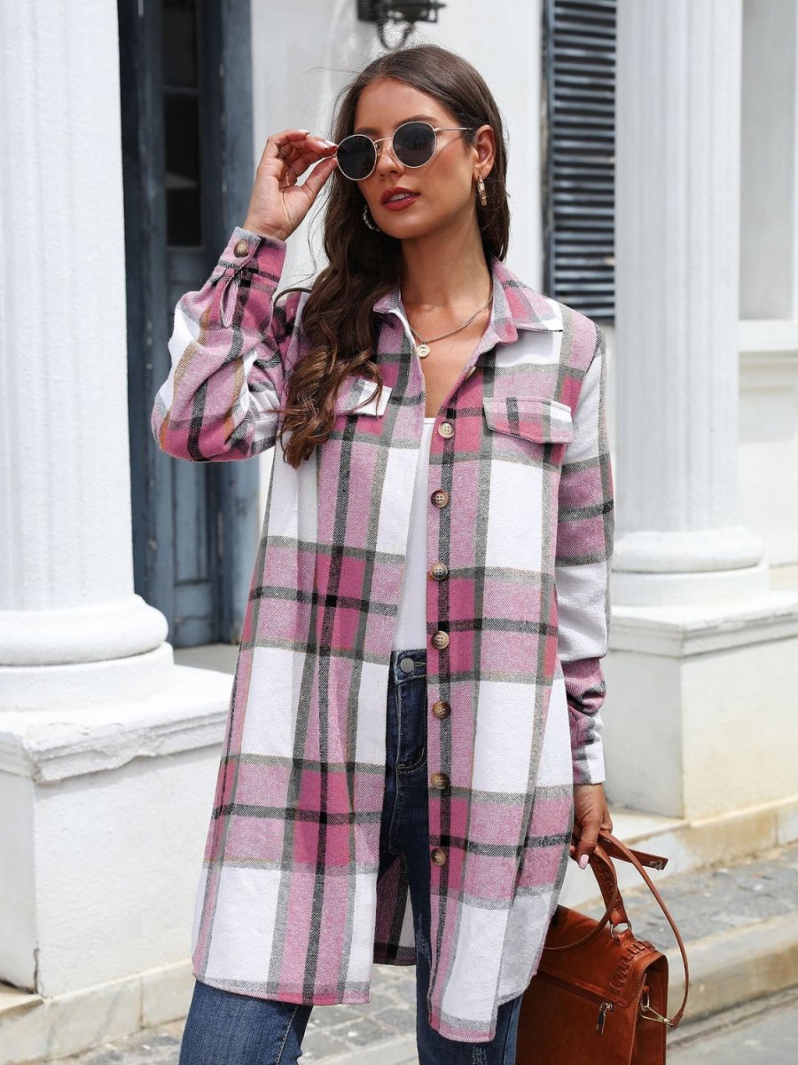 Plaid Belted Collared Neck Button Up Jacket - Outerwear