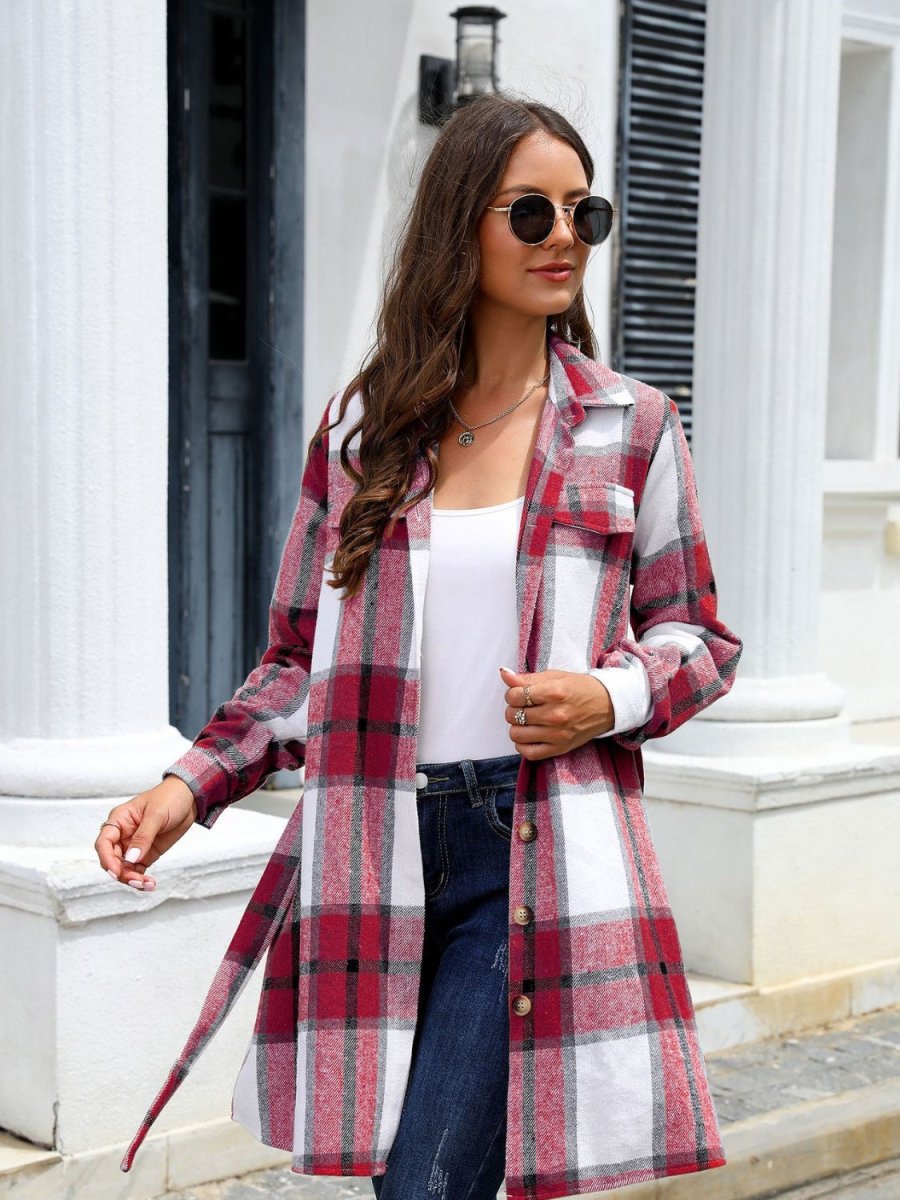 Plaid Belted Collared Neck Button Up Jacket - Outerwear