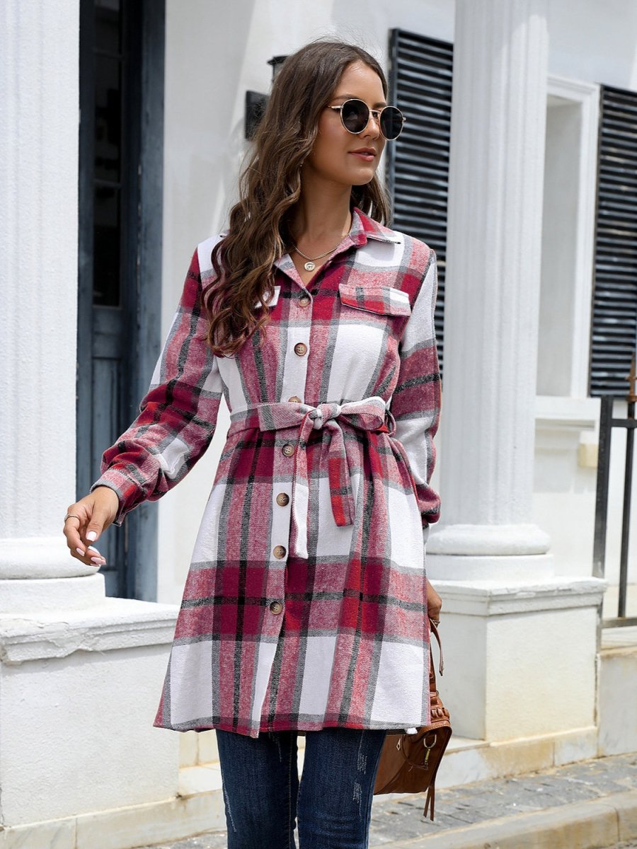 Plaid Belted Collared Neck Button Up Jacket - Outerwear