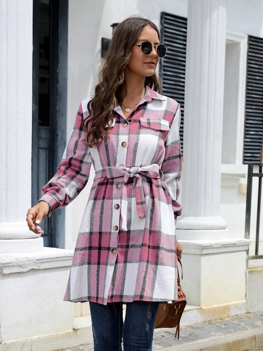 Plaid Belted Collared Neck Button Up Jacket - Outerwear