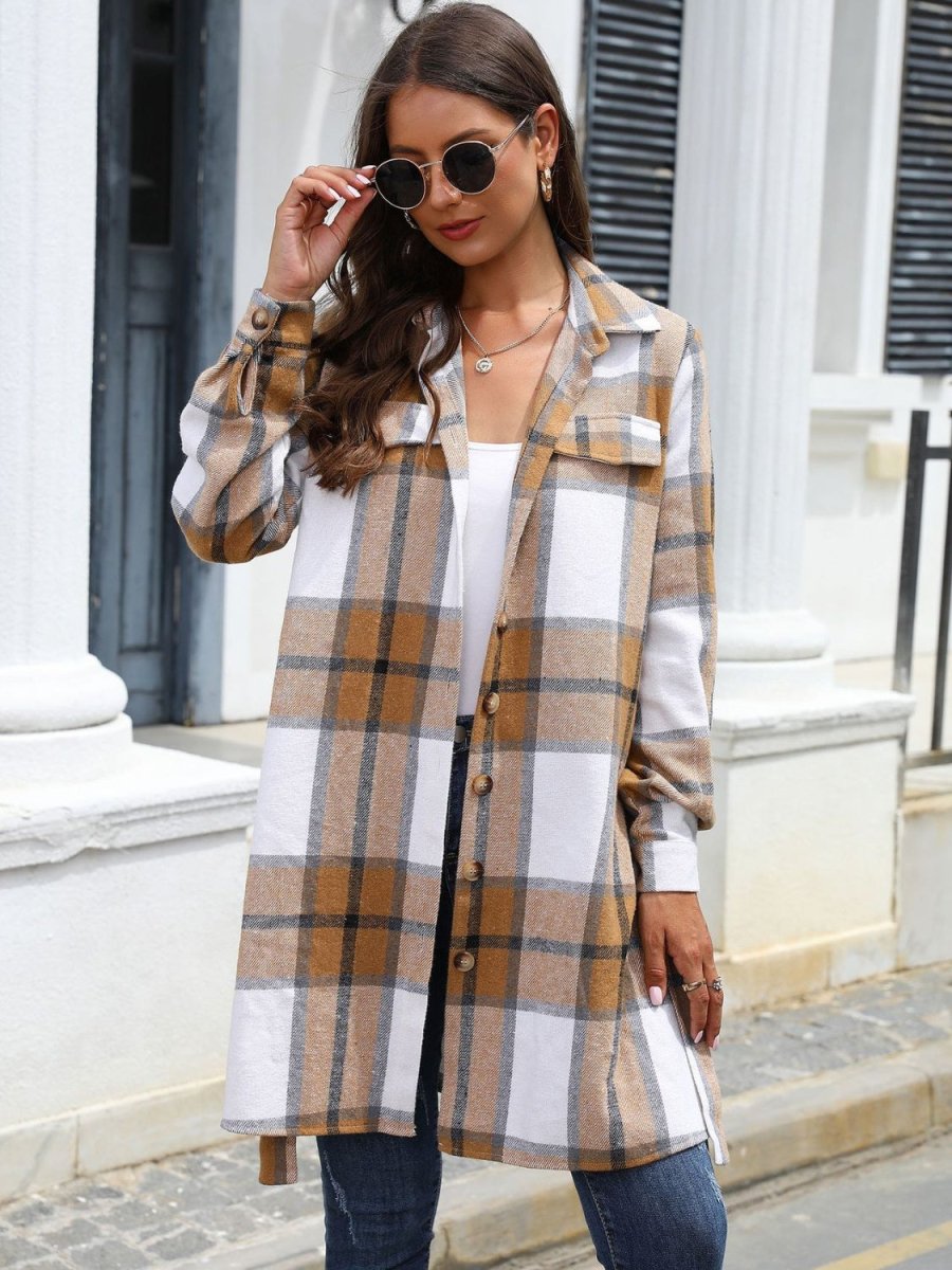 Plaid Belted Collared Neck Button Up Jacket - Outerwear