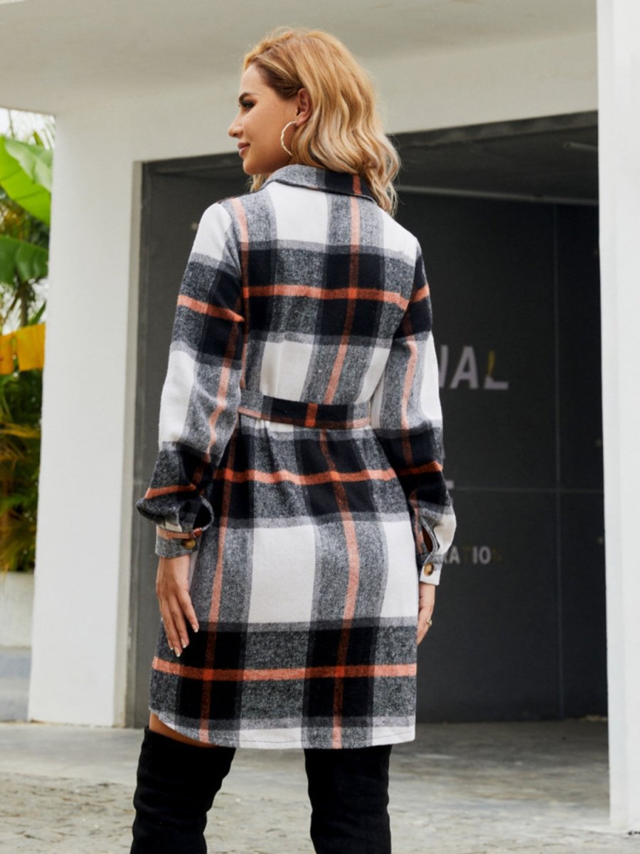 Plaid Belted Collared Neck Button Up Jacket - Outerwear
