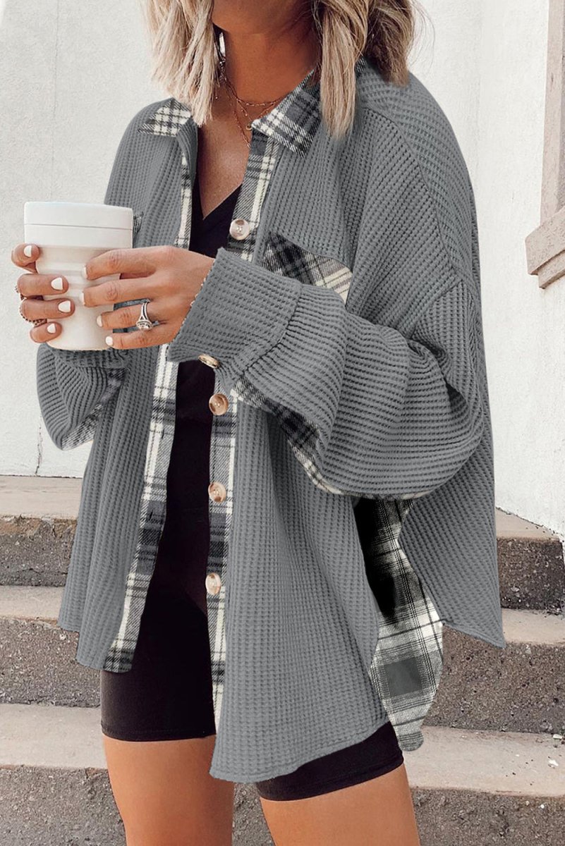 Plaid Button Down Collared Jacket - Outerwear