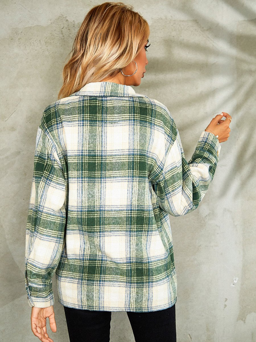 Plaid Button Down Collared Jacket - Outerwear