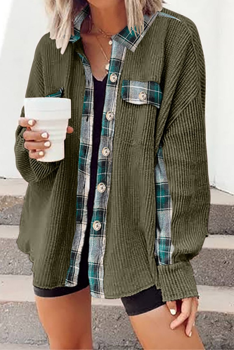 Plaid Button Down Collared Jacket - Outerwear