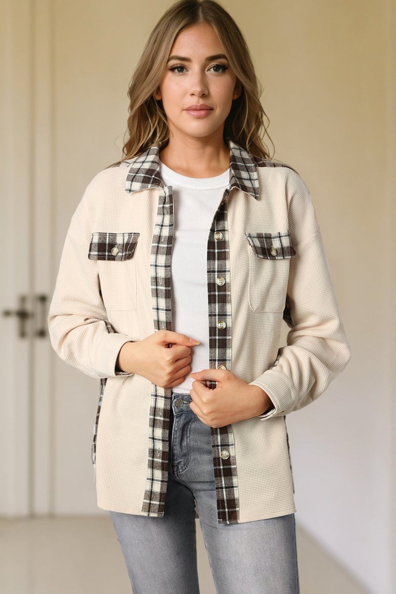 Plaid Button Down Collared Jacket - Outerwear