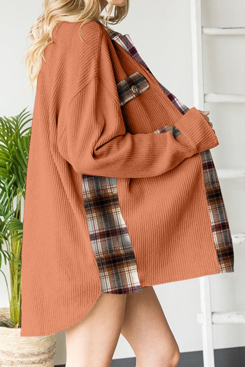 Plaid Button Down Collared Jacket - Outerwear