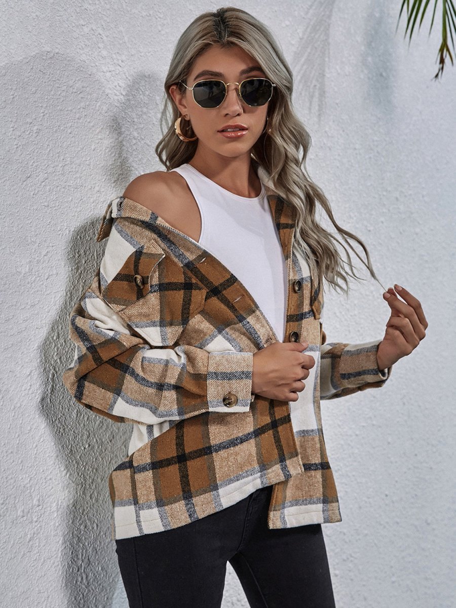 Plaid Button Down Collared Jacket - Outerwear