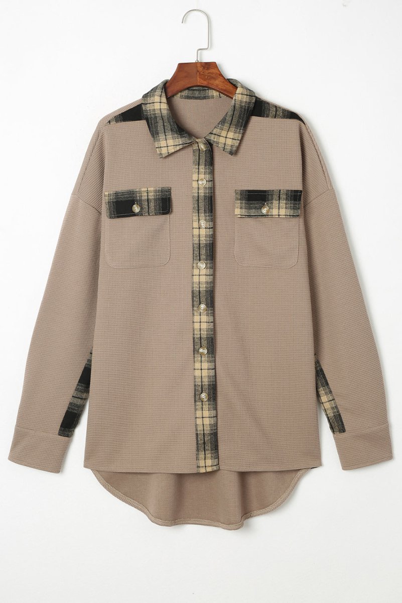 Plaid Button Down Collared Jacket - Outerwear