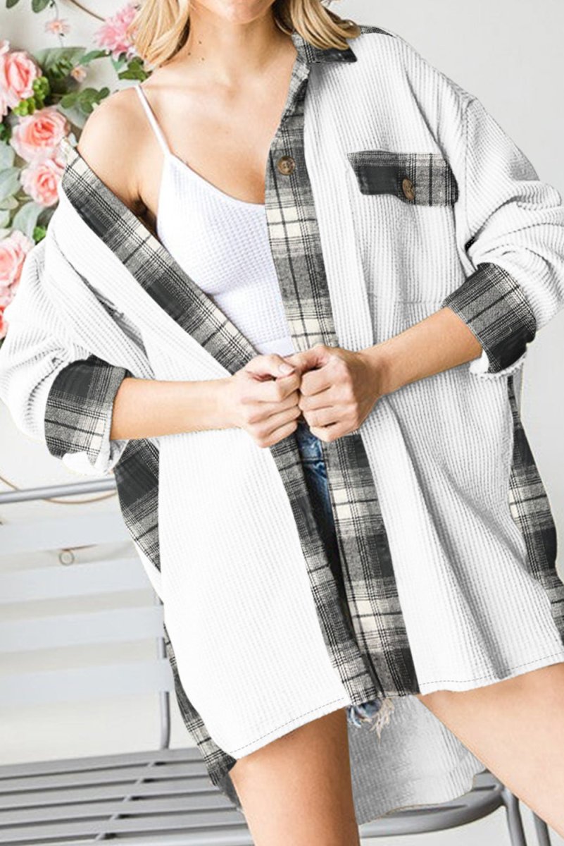 Plaid Button Down Collared Jacket - Outerwear