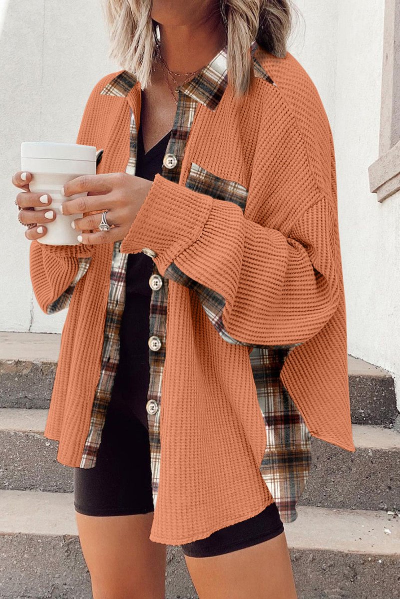 Plaid Button Down Collared Jacket - Outerwear