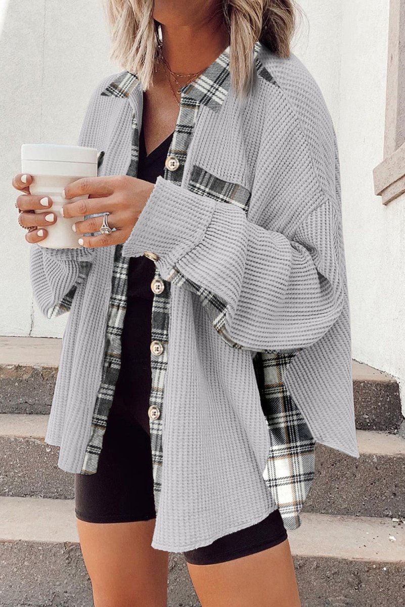 Plaid Button Down Collared Jacket - Outerwear