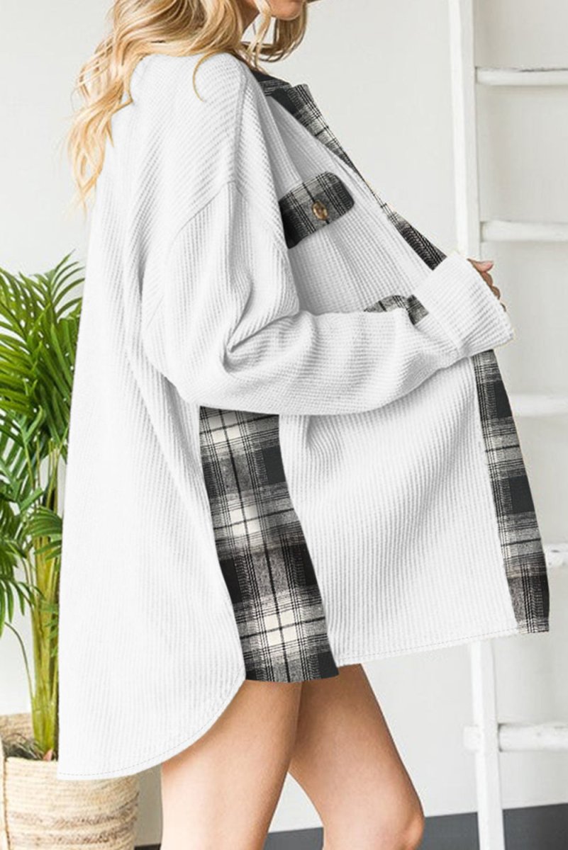 Plaid Button Down Collared Jacket - Outerwear