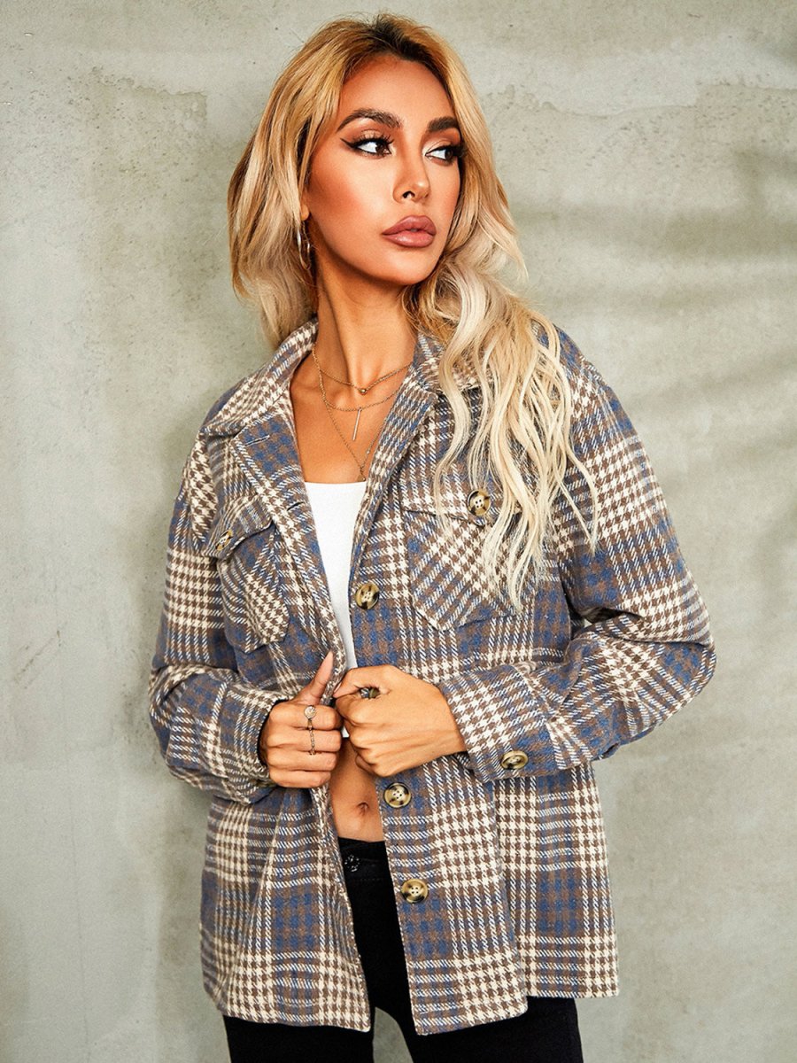 Plaid Button Down Collared Jacket - Outerwear