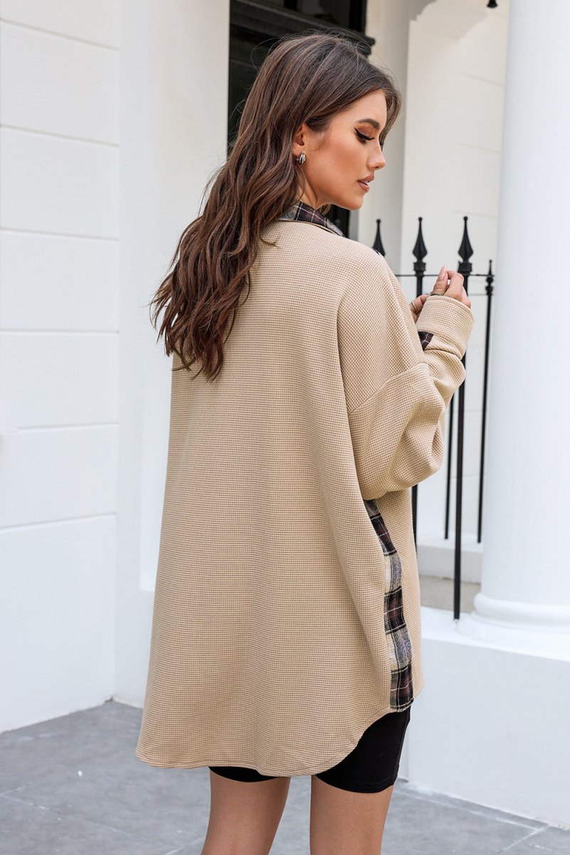 Plaid Button Down Collared Jacket - Outerwear