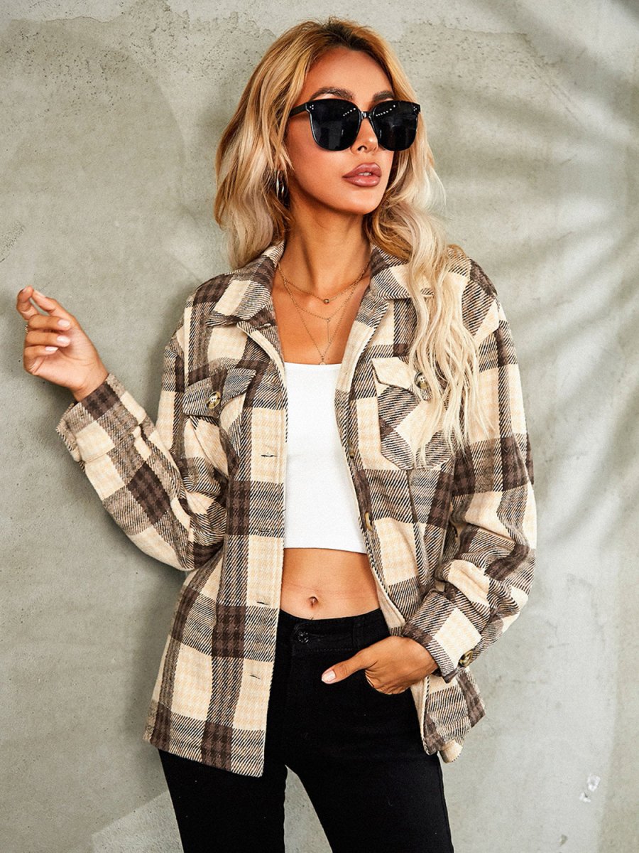 Plaid Button Down Collared Jacket - Outerwear