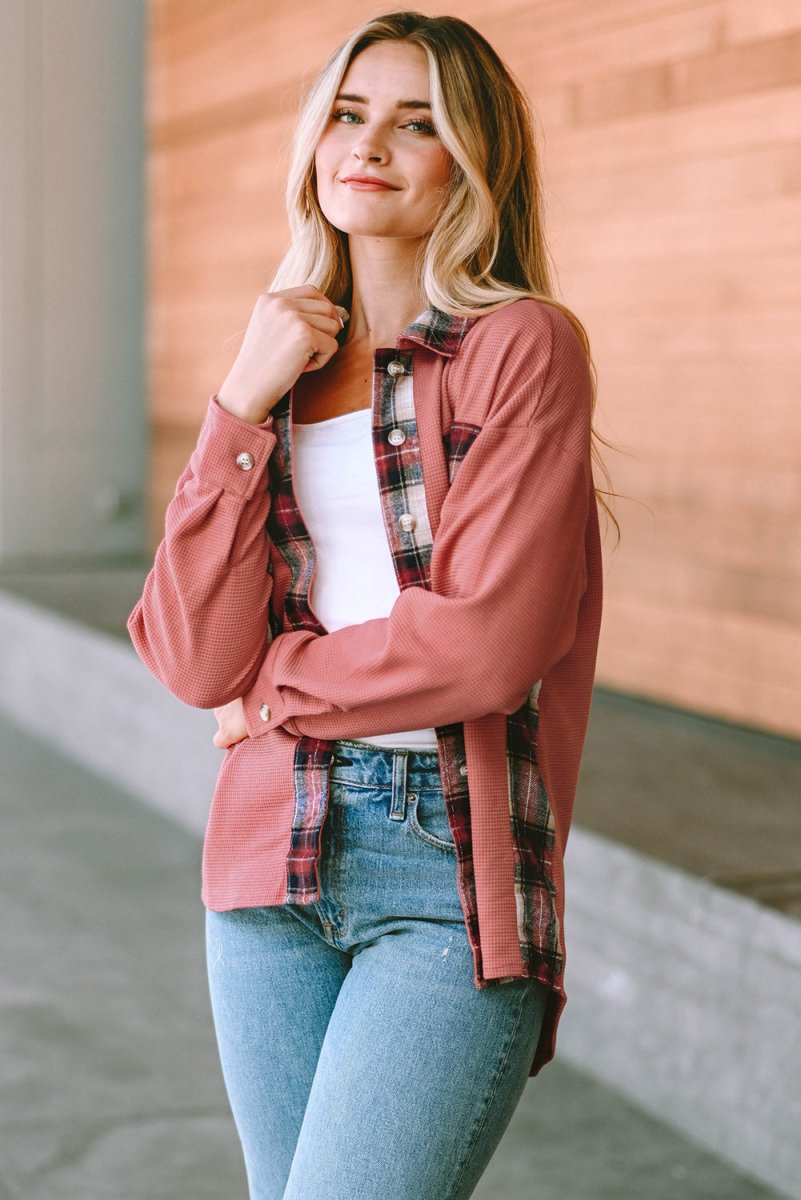 Plaid Button Down Collared Jacket - Outerwear