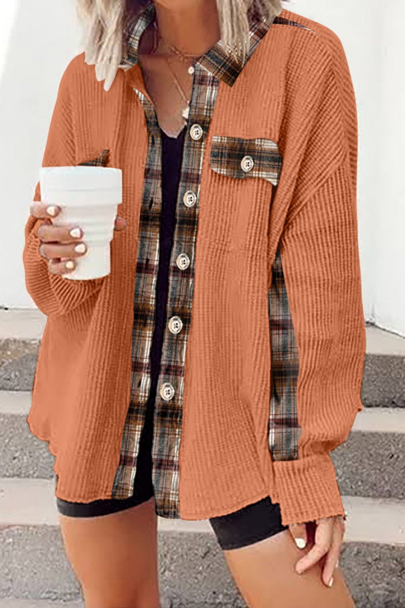 Plaid Button Down Collared Jacket - Outerwear
